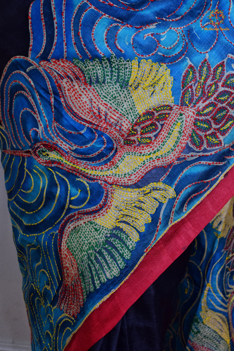 Rima - Ghhachi tusser Silk Saree with all over Kantha Embroidery