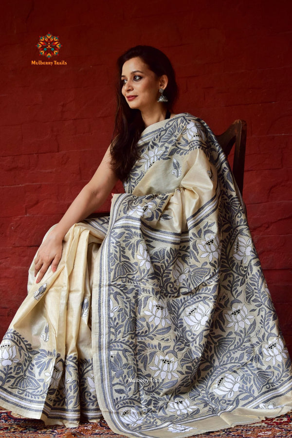 Rima - Ghhachi Tusser Silk Saree with allover Lotus motif Kantha Embroidery