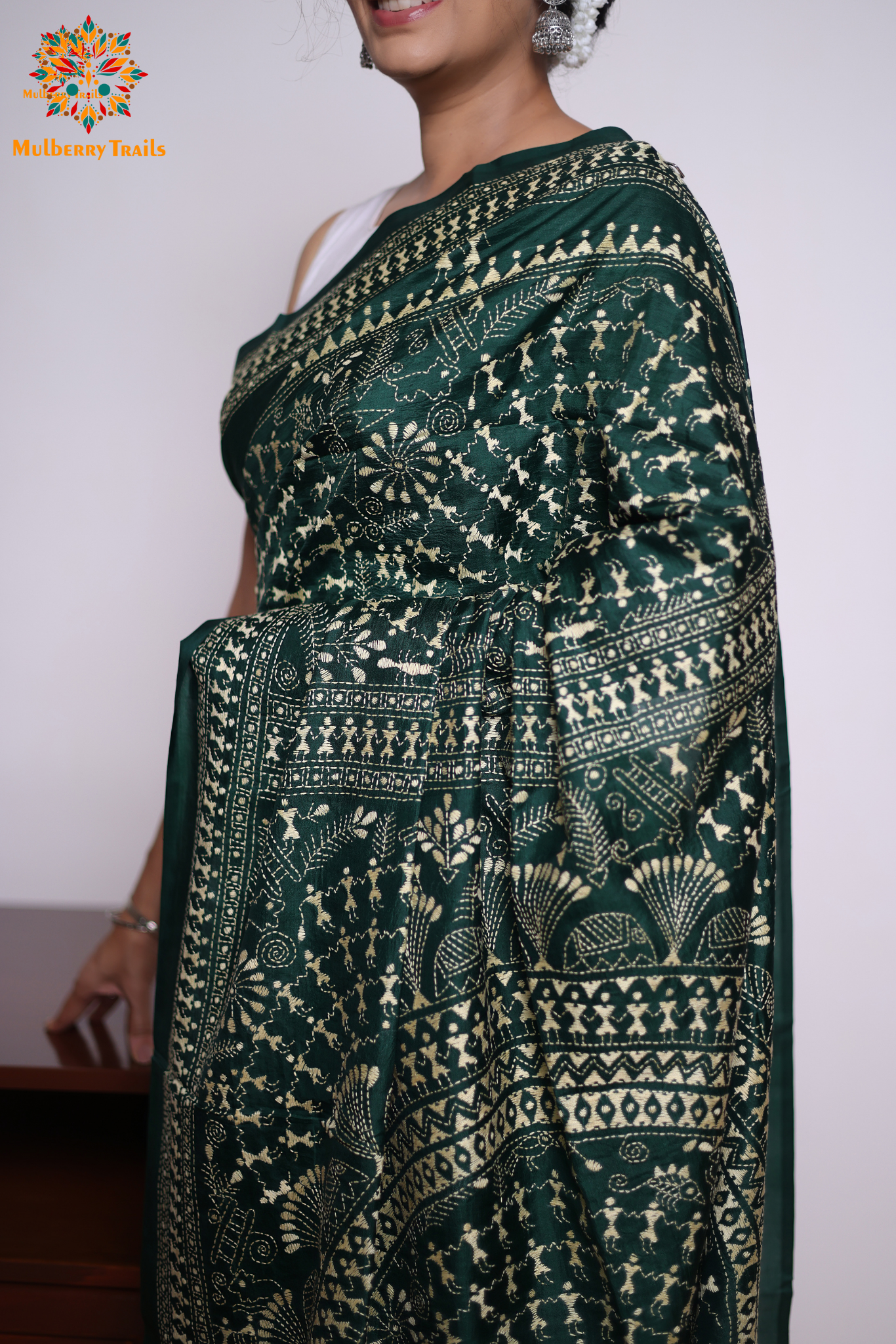 Rima - Green Silk Saree with kantha Embroidery