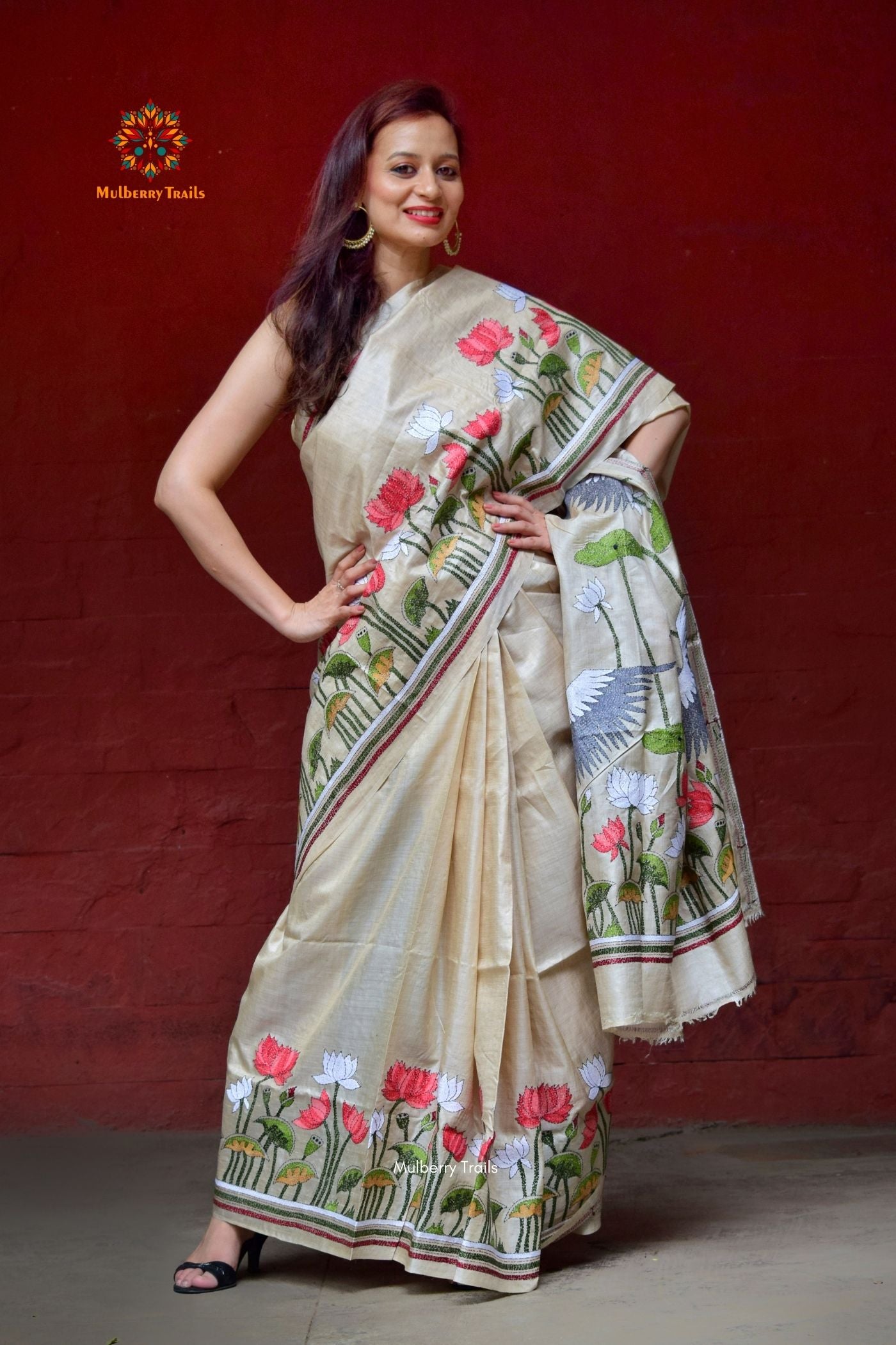 Rima - Ghhachi Tusser Silk Saree with allover Floral Kantha Embroidery