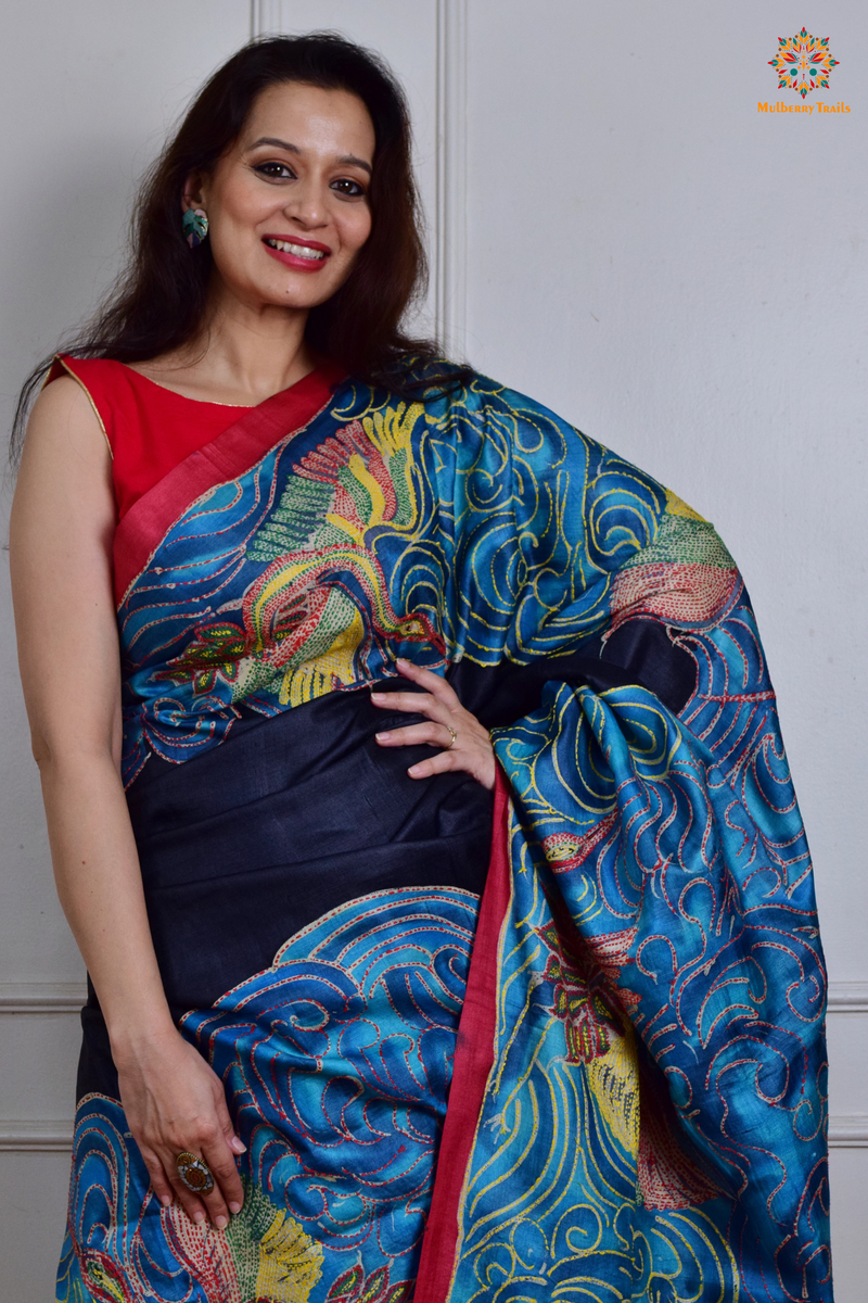 Rima - Ghhachi tusser Silk Saree with all over Kantha Embroidery