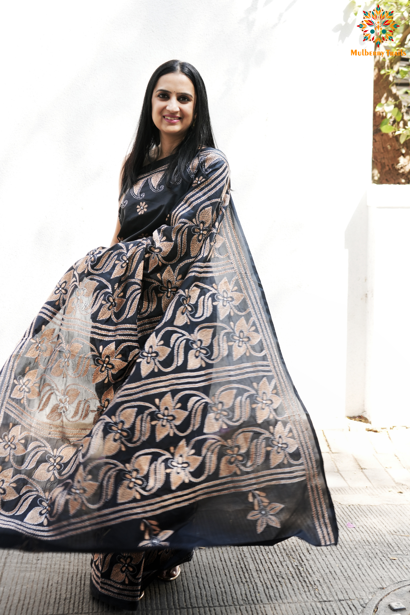 Koyna - Art Silk Kantha Embroidery Saree Black