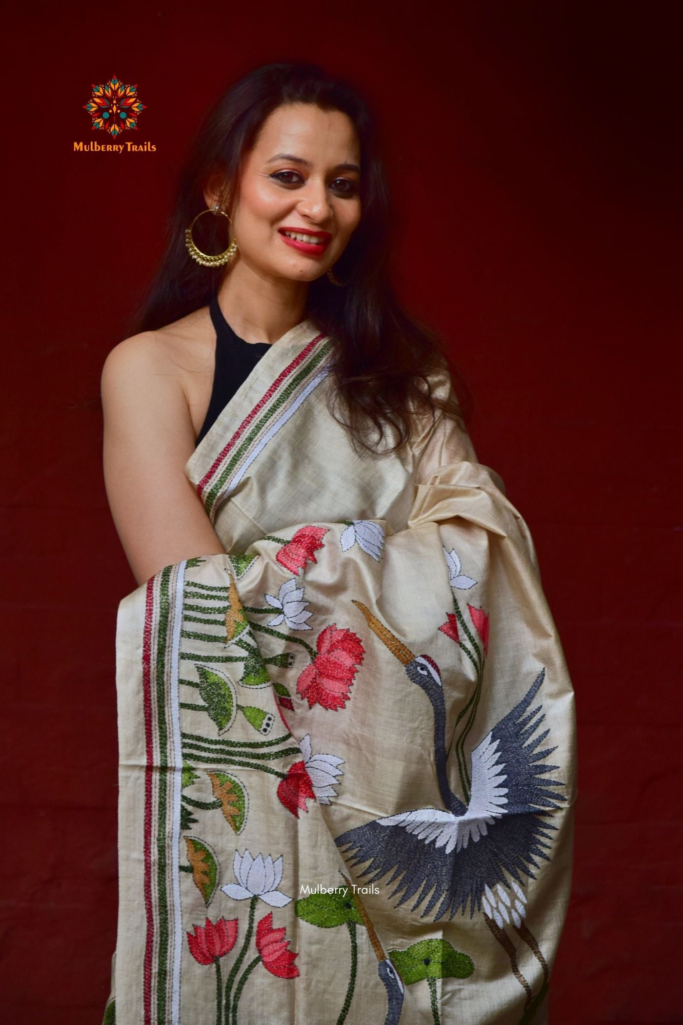 Rima - Ghhachi Tusser Silk Saree with allover Floral Kantha Embroidery