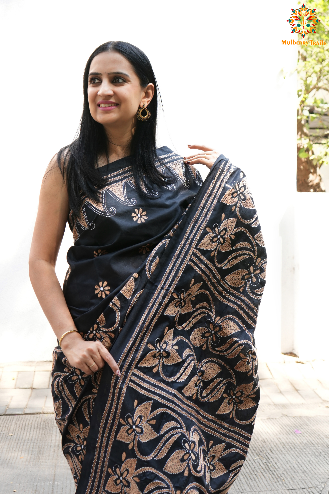 Koyna - Art Silk Kantha Embroidery Saree Black