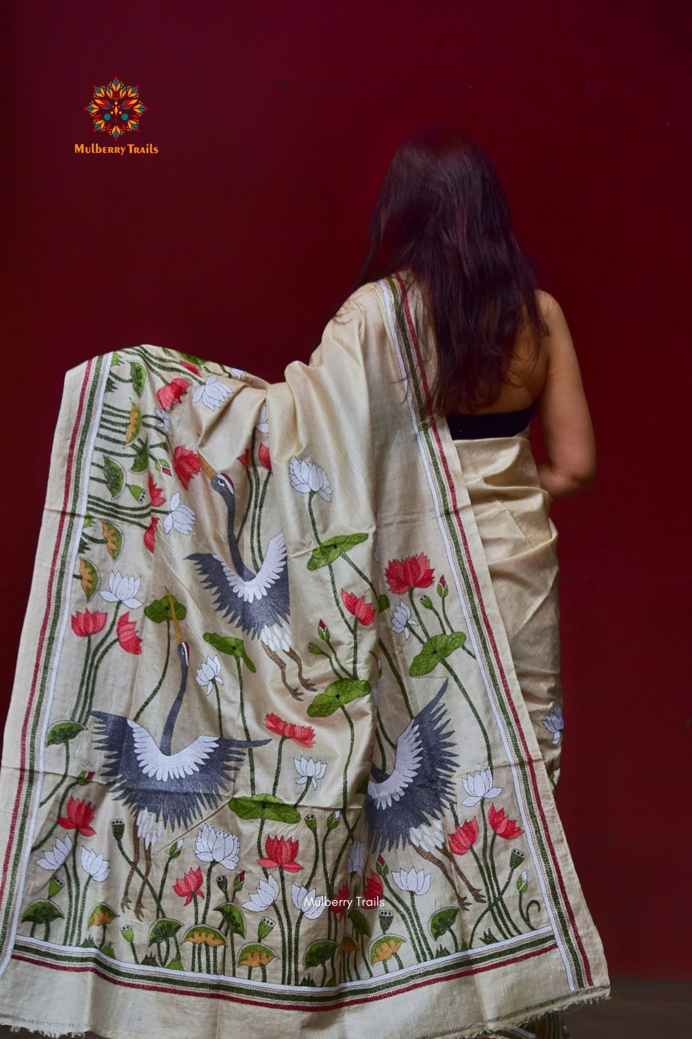 Rima - Ghhachi Tusser Silk Saree with allover Floral Kantha Embroidery