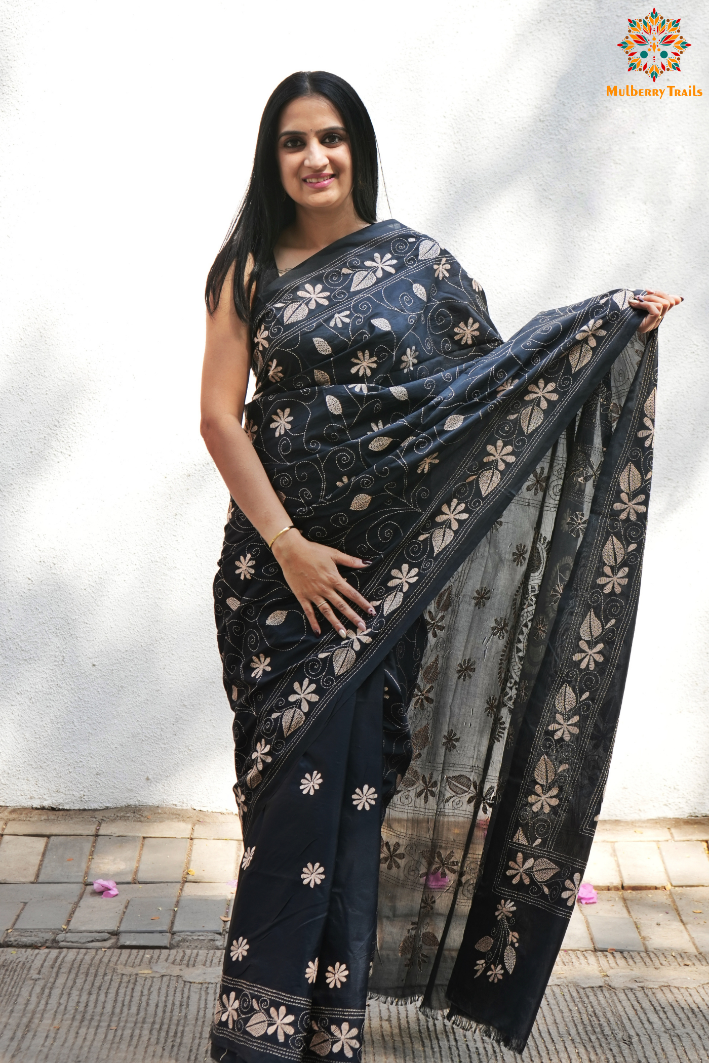 Koyna - Art Silk Kantha Embroidery Saree Black