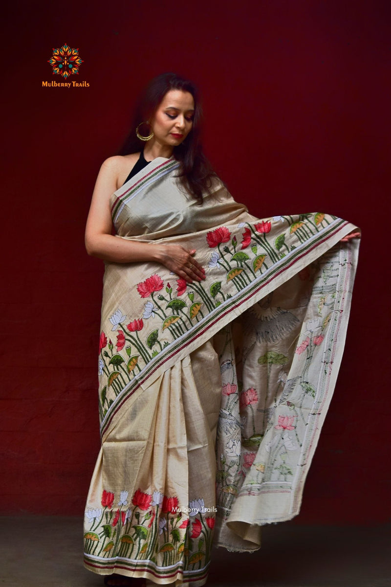 Rima - Ghhachi Tusser Silk Saree with allover Floral Kantha Embroidery