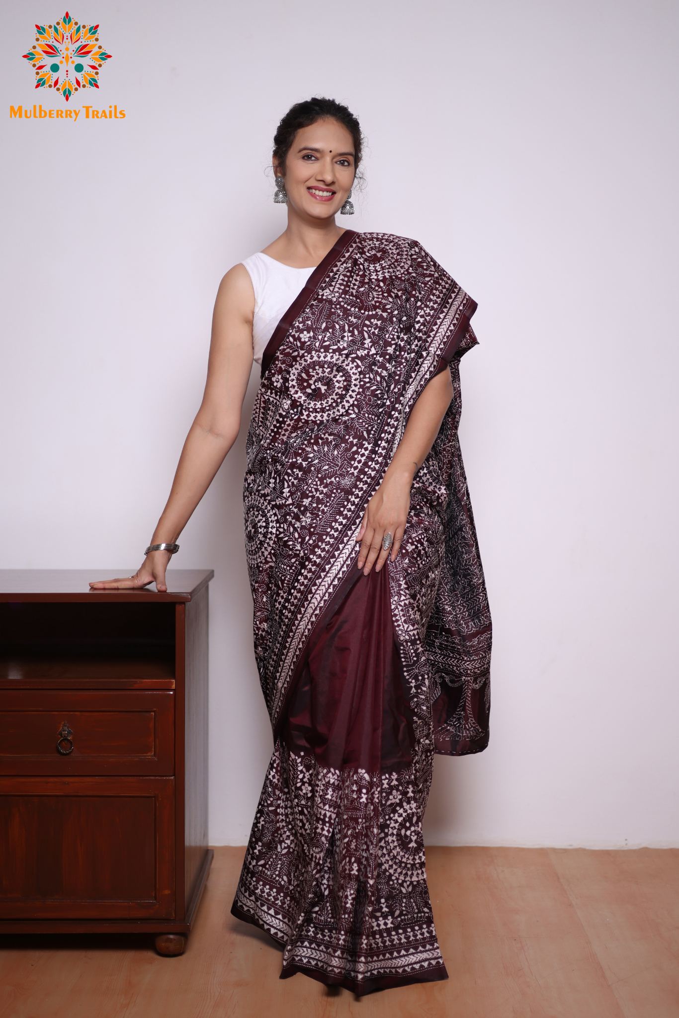 Rima - Coffee brown Silk Saree with kantha Embroidery