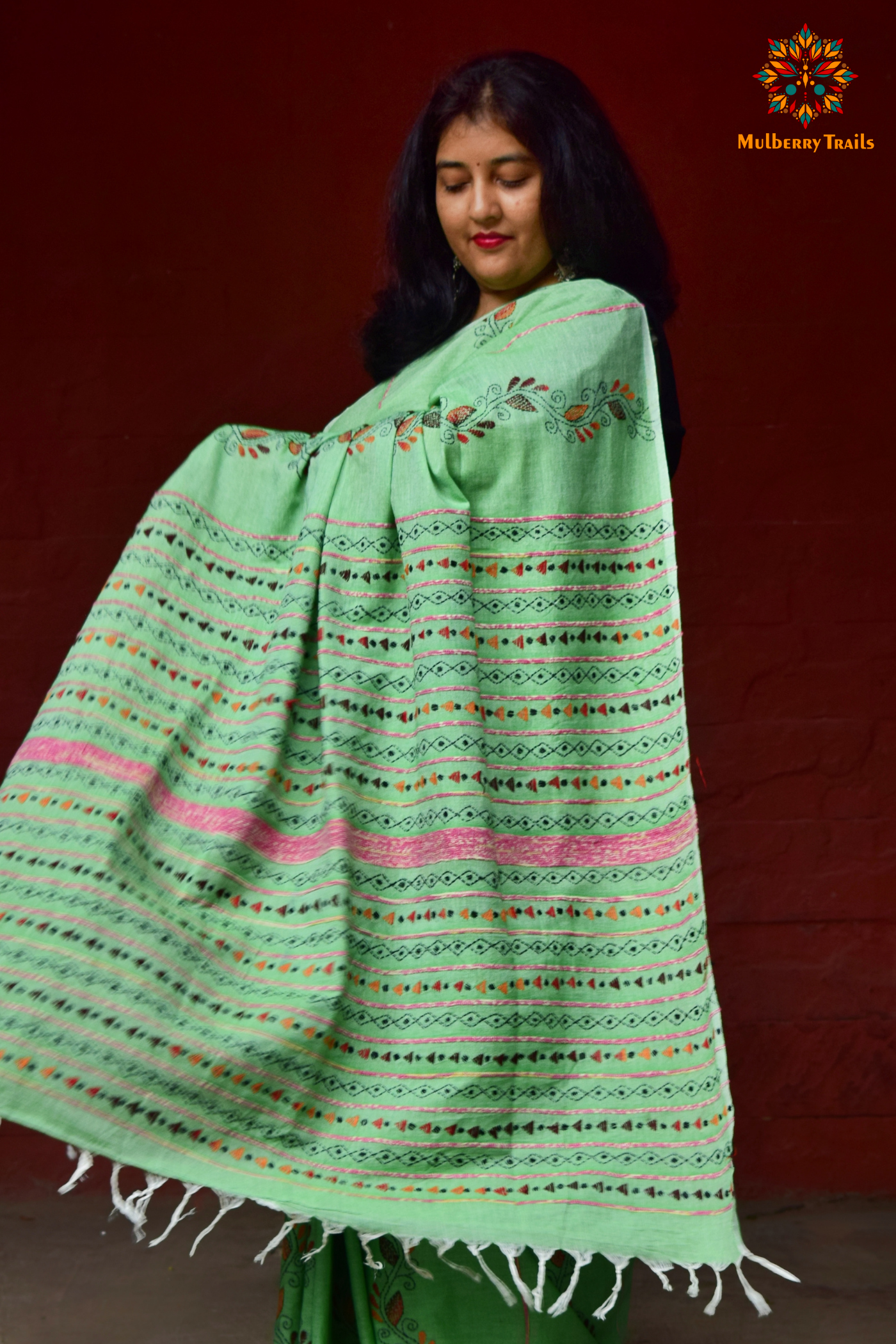 Vipas: Cotton Handloom Saree with Kantha Embroidery