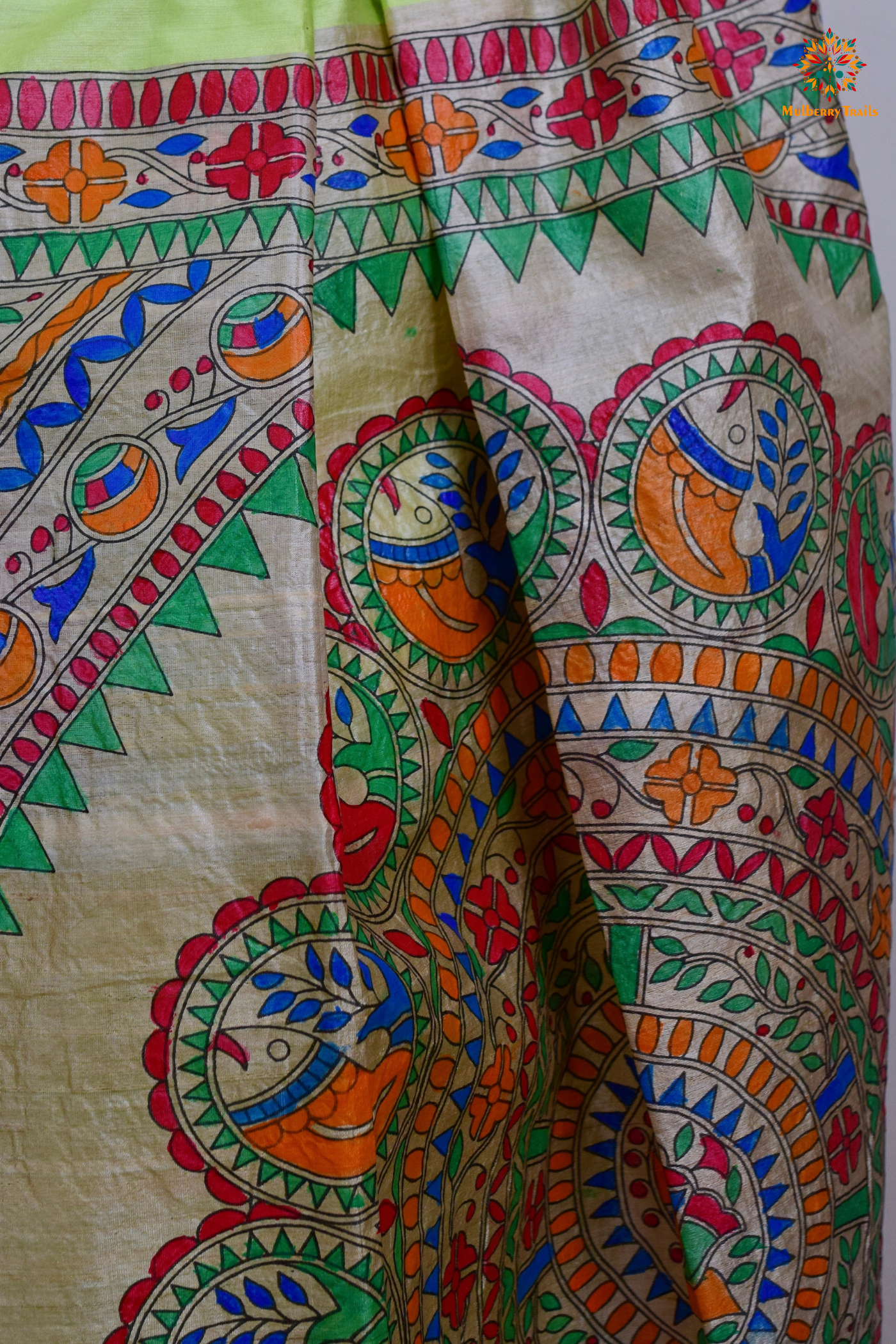 Pavani - Staple Tusser Handpainted Madhubani Saree- Lime Green