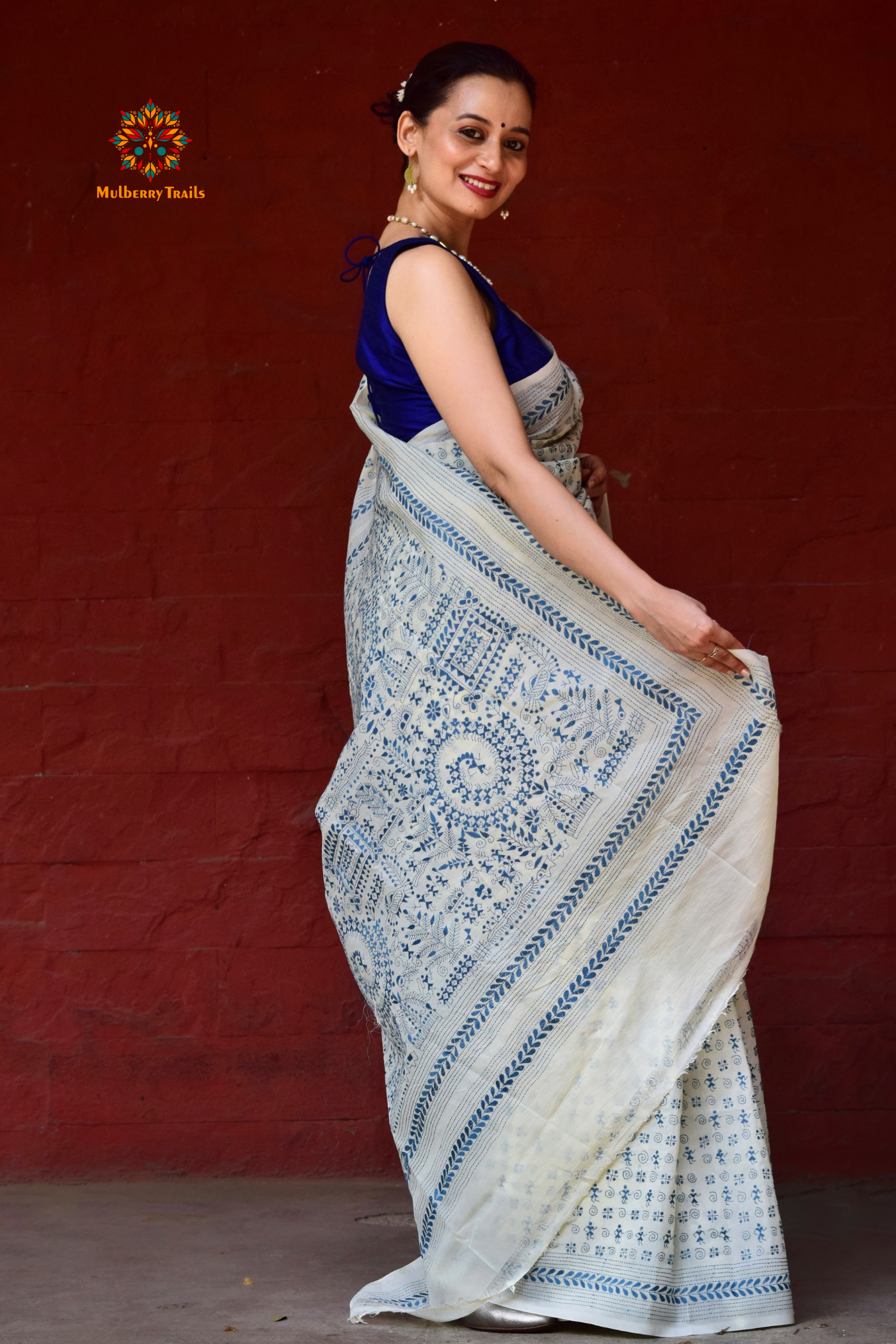 Rima - Tusser Silk Saree with Blue Warli Embroidery Saree