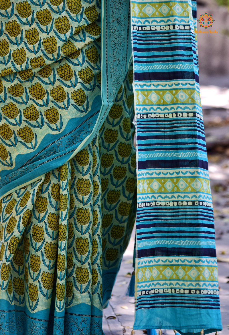 Chitrani: Summer Printed Cotton Sarees Blue Cyan