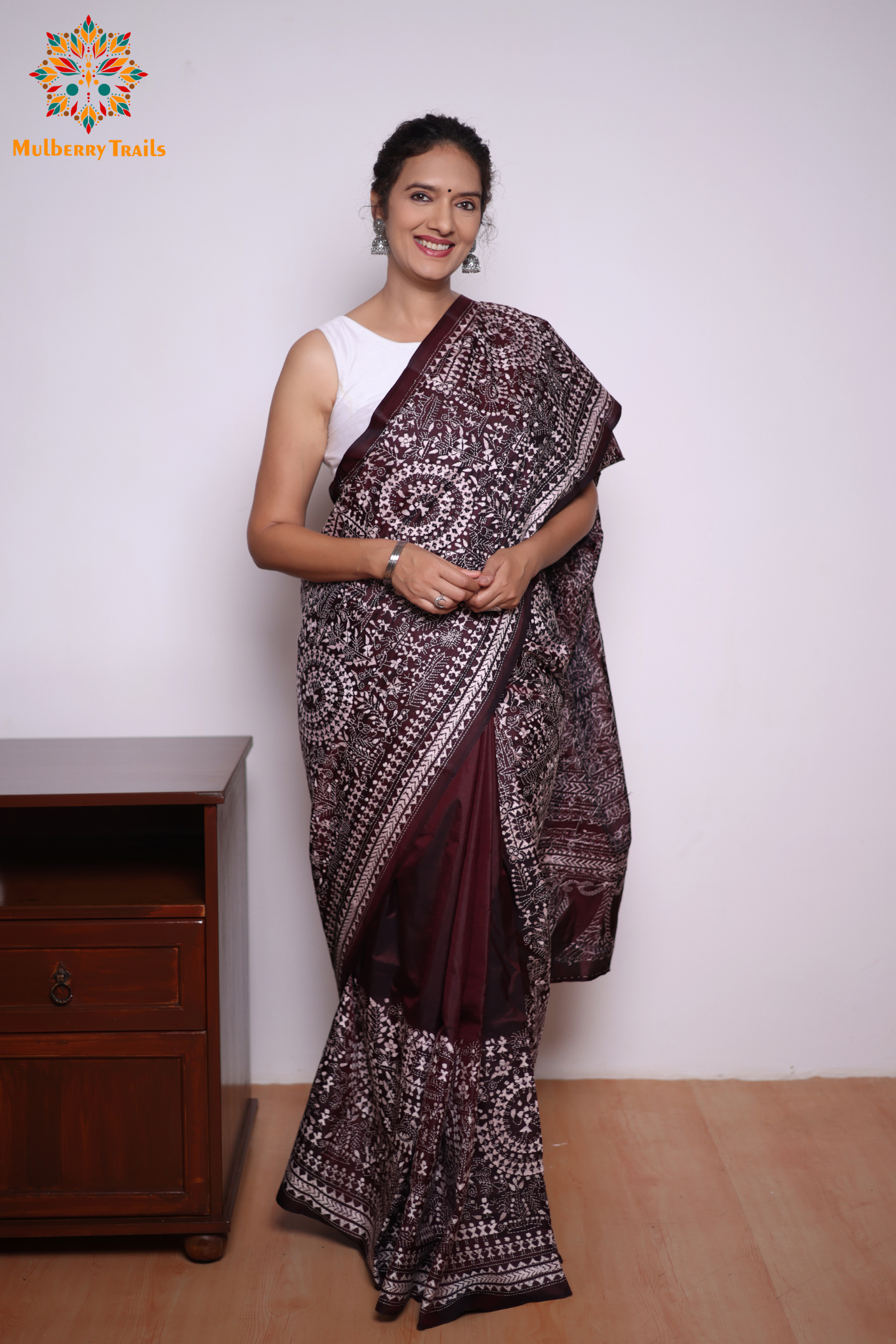 Rima - Coffee brown Silk Saree with kantha Embroidery