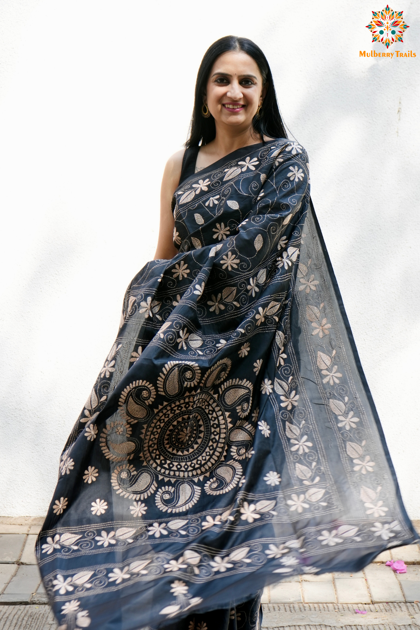 Koyna - Art Silk Kantha Embroidery Saree Black