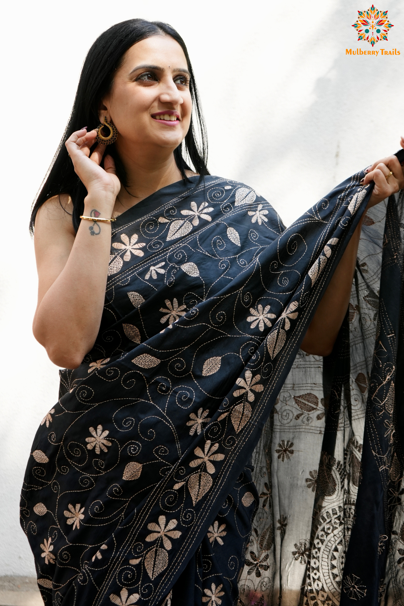 Koyna - Art Silk Kantha Embroidery Saree Black