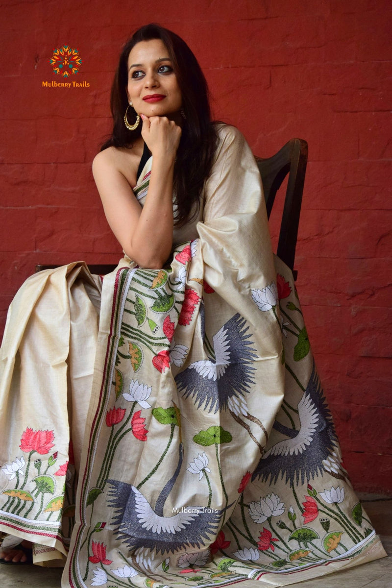 Rima - Ghhachi Tusser Silk Saree with allover Floral Kantha Embroidery