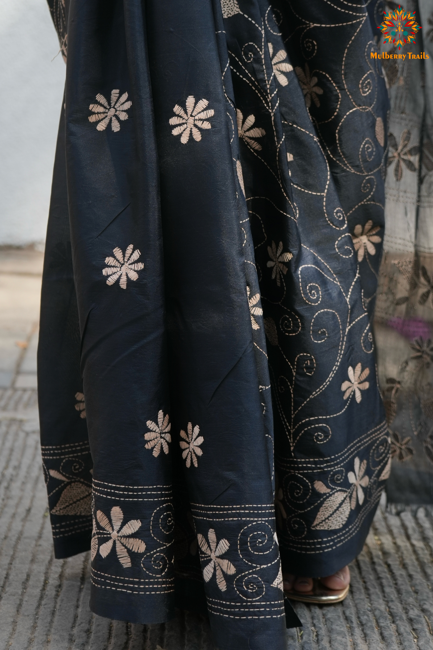 Koyna - Art Silk Kantha Embroidery Saree Black