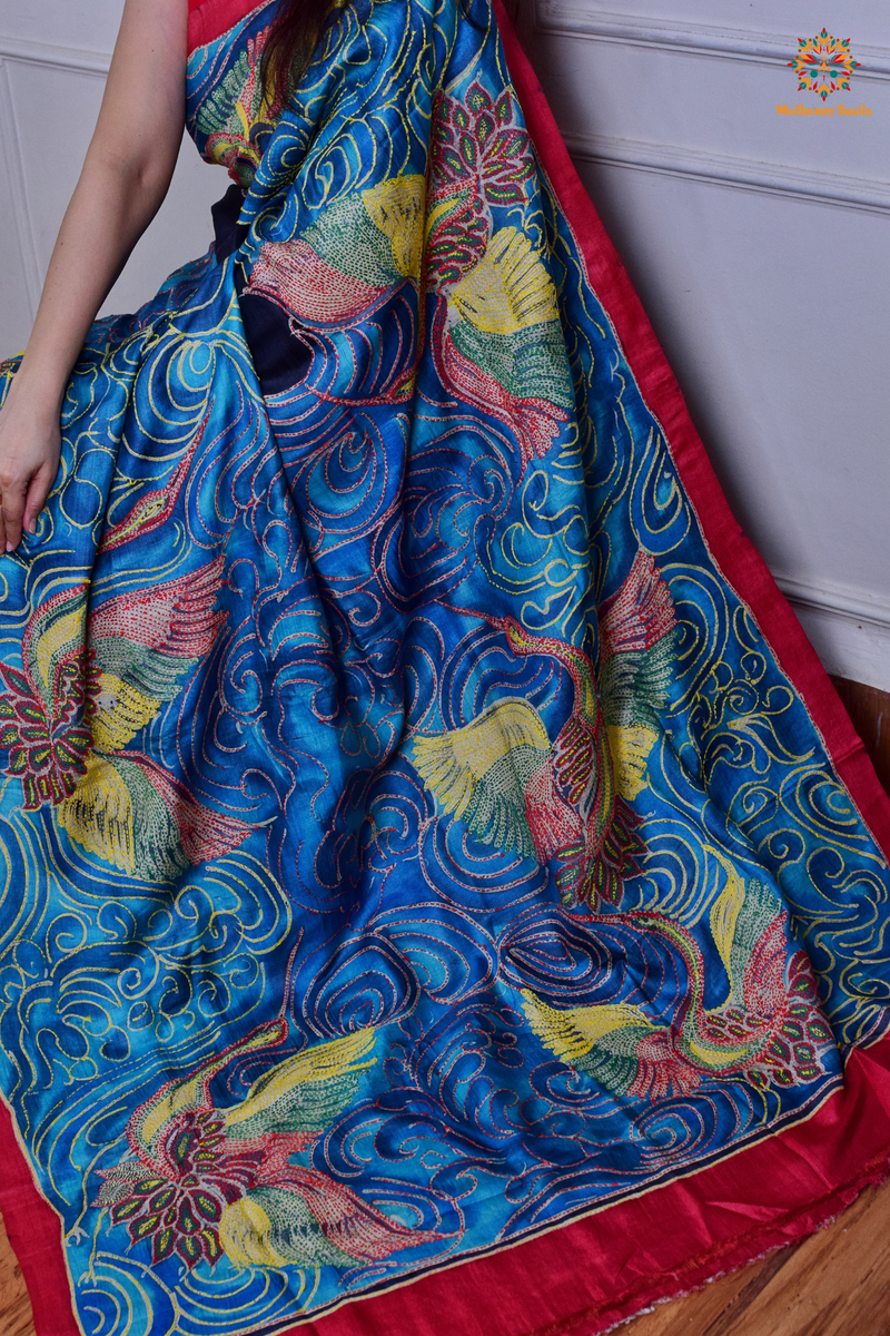 Rima - Ghhachi tusser Silk Saree with all over Kantha Embroidery