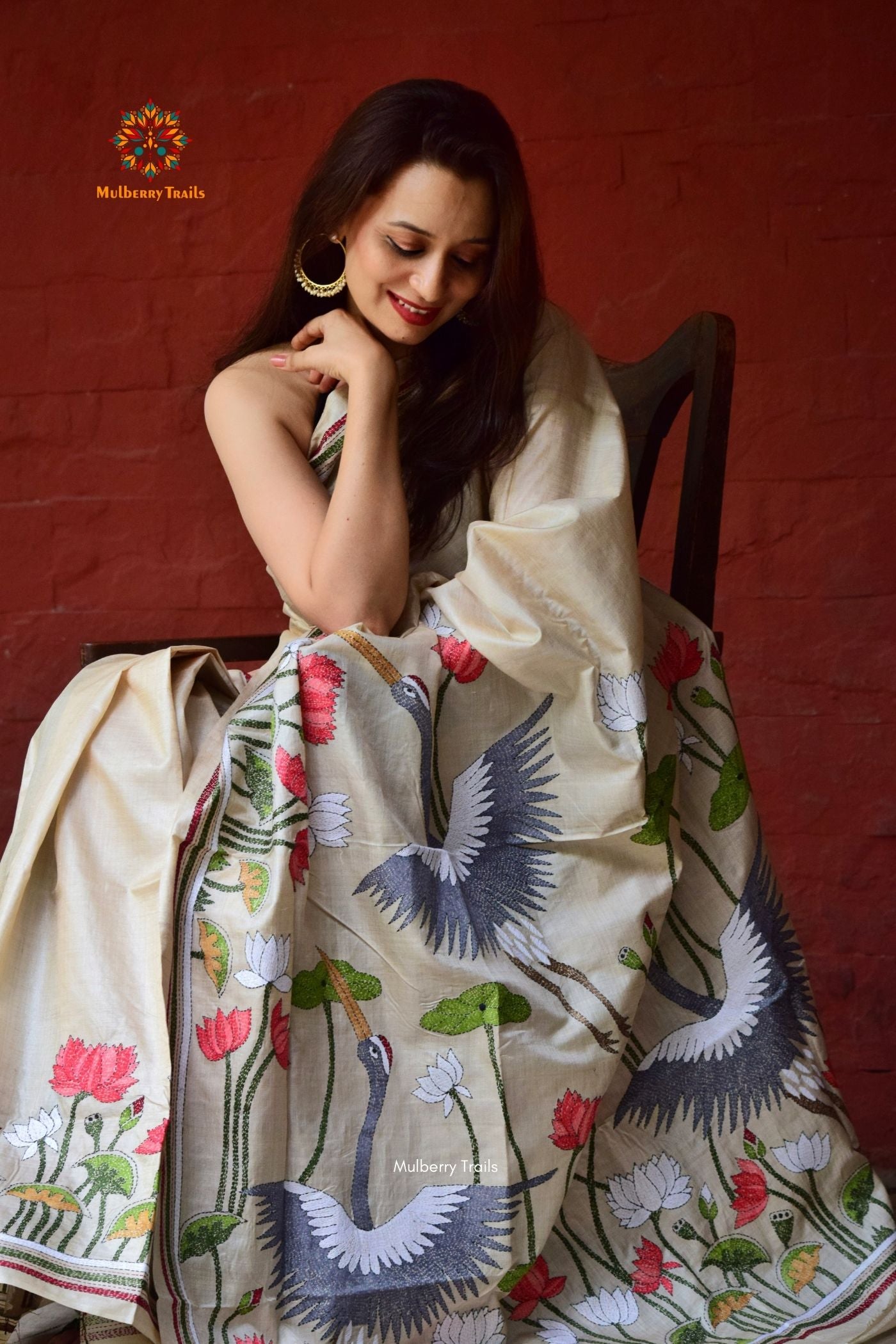 Rima - Ghhachi Tusser Silk Saree with allover Floral Kantha Embroidery