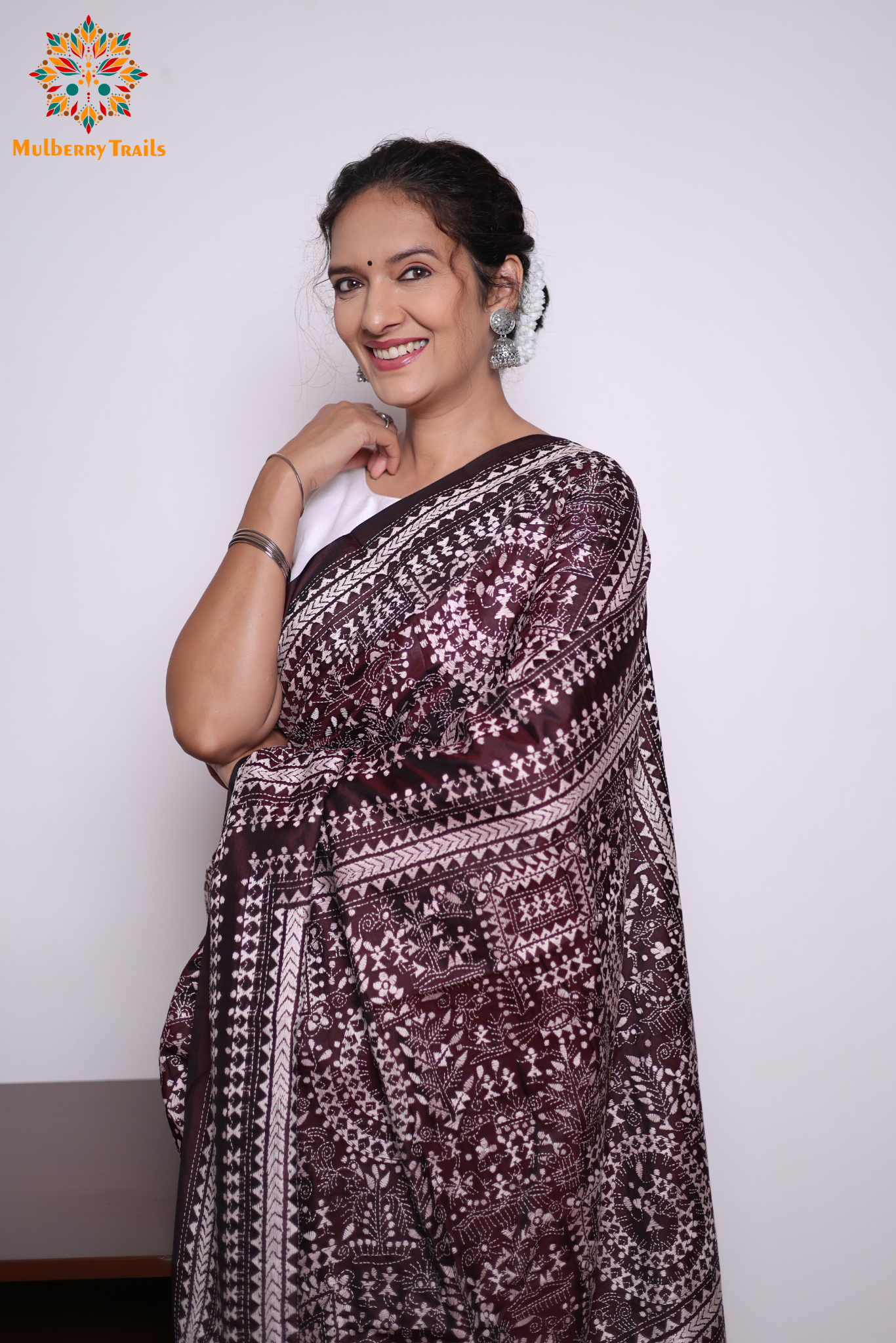 Rima - Coffee brown Silk Saree with kantha Embroidery