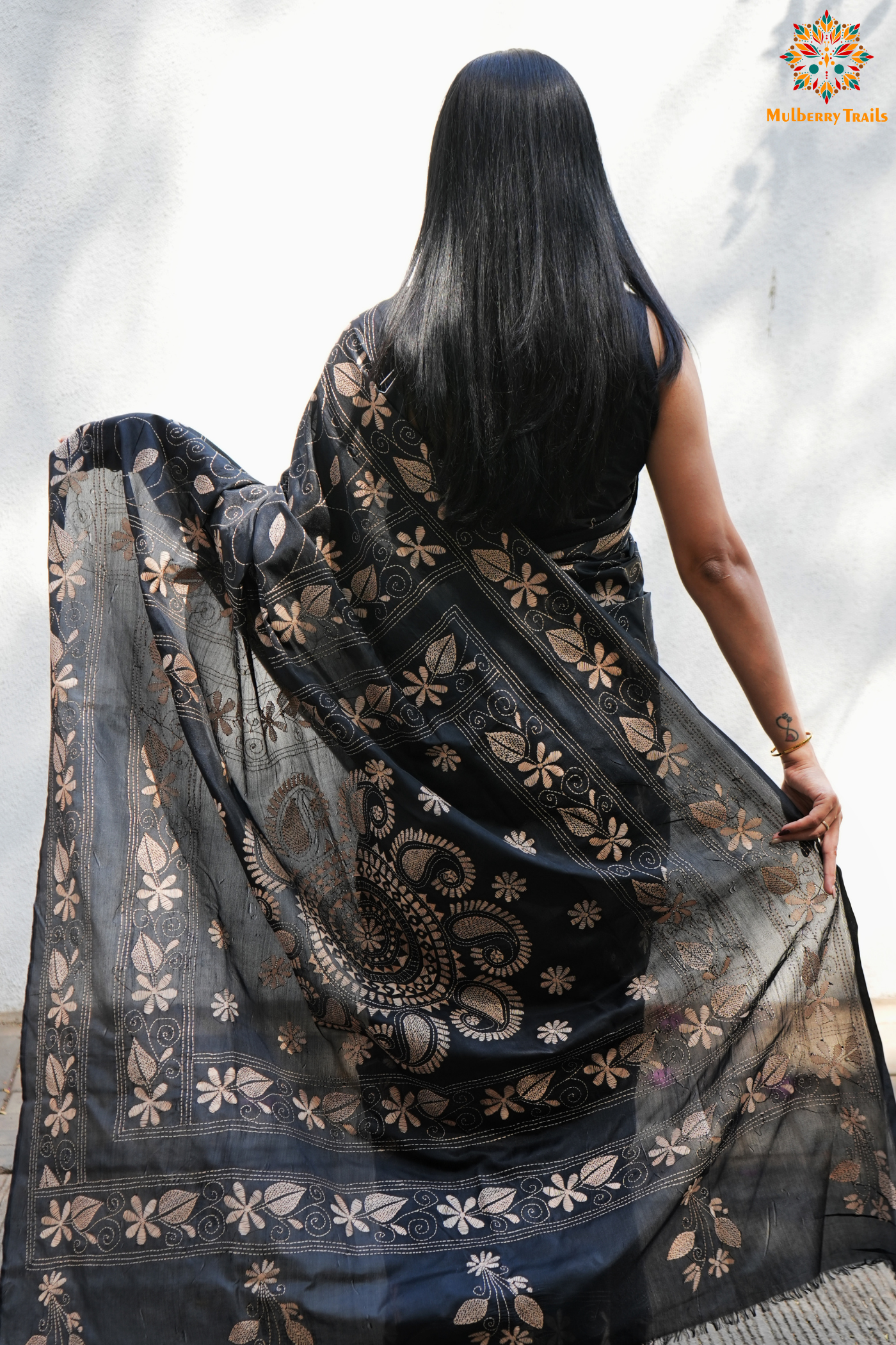 Koyna - Art Silk Kantha Embroidery Saree Black