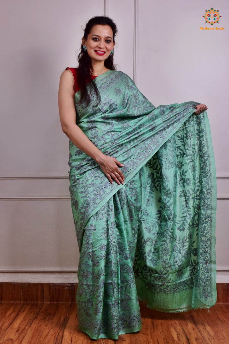 Rima - Pistachio Green Tusser Silk Saree with all over Kantha Embroidery