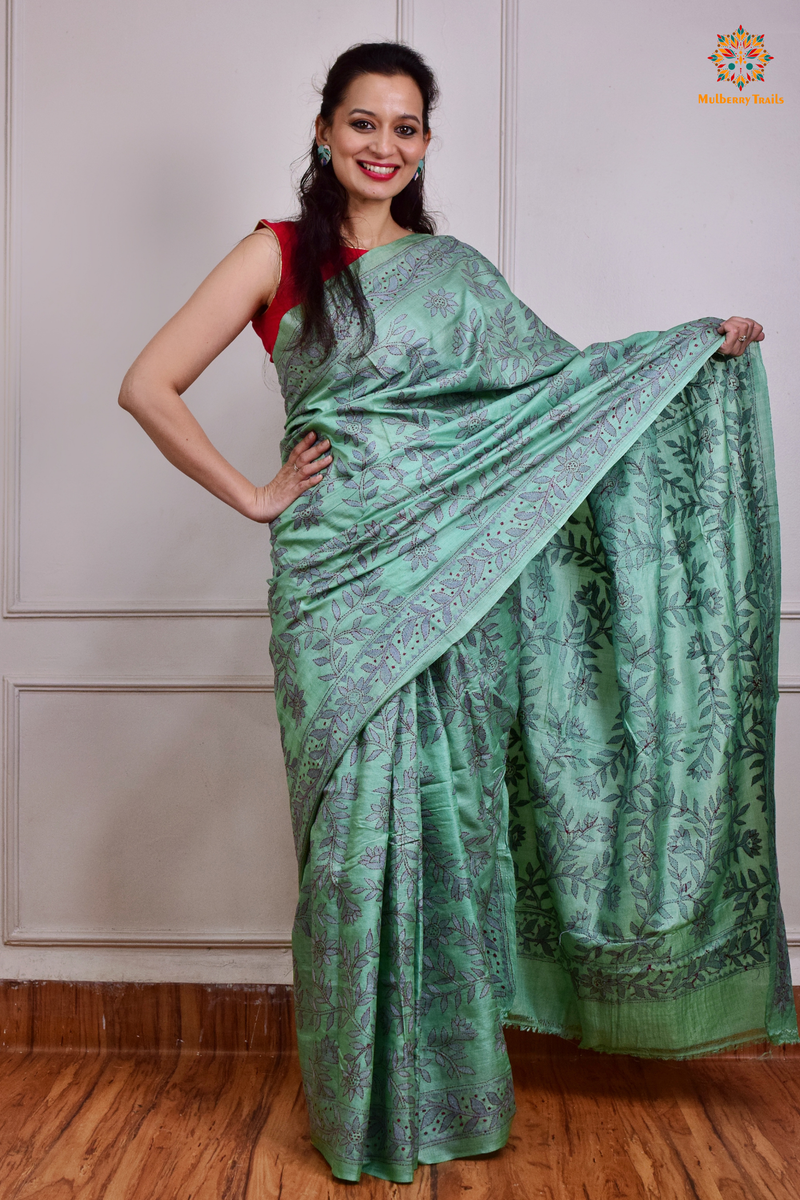 Rima - Pistachio Green Tusser Silk Saree with all over Kantha Embroidery