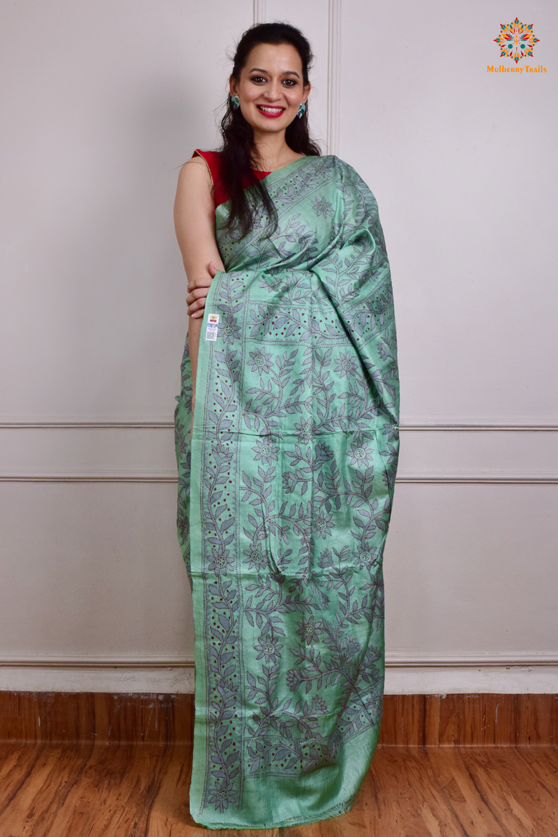 Rima - Pistachio Green Tusser Silk Saree with all over Kantha Embroidery