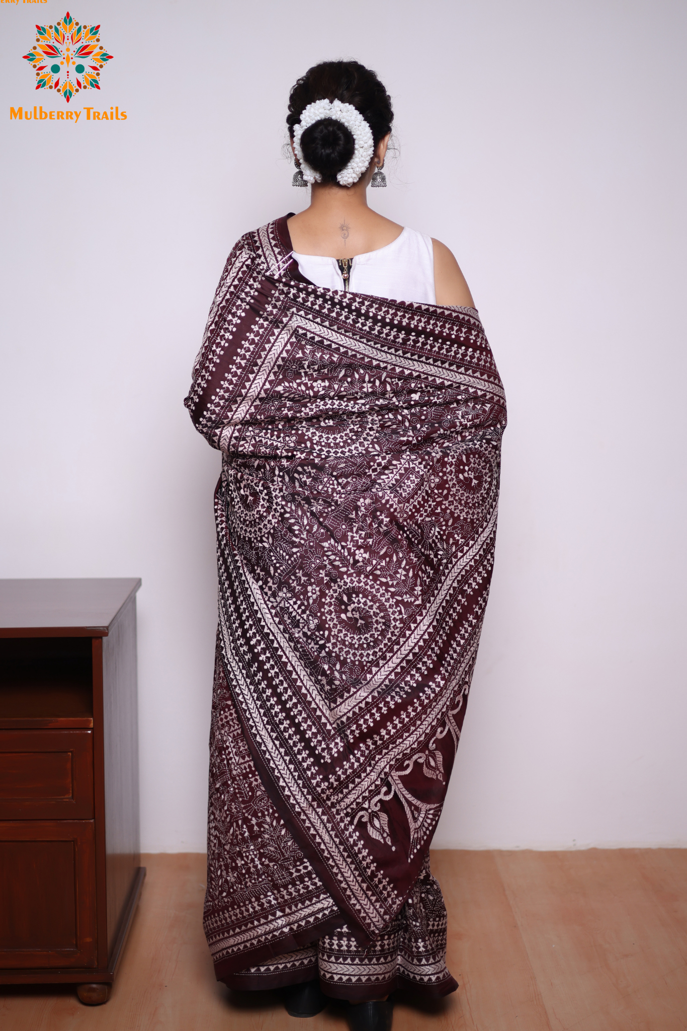 Rima - Coffee brown Silk Saree with kantha Embroidery
