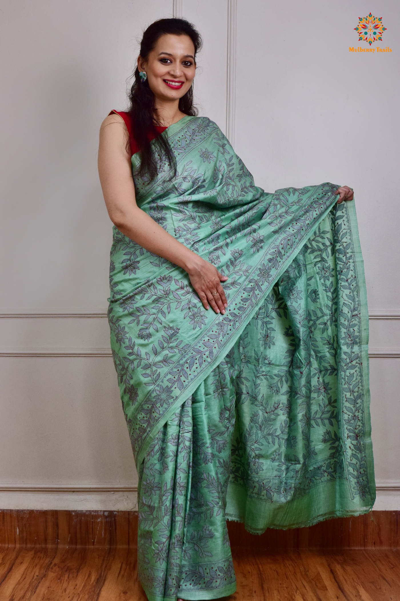 Rima - Pistachio Green Tusser Silk Saree with all over Kantha Embroidery