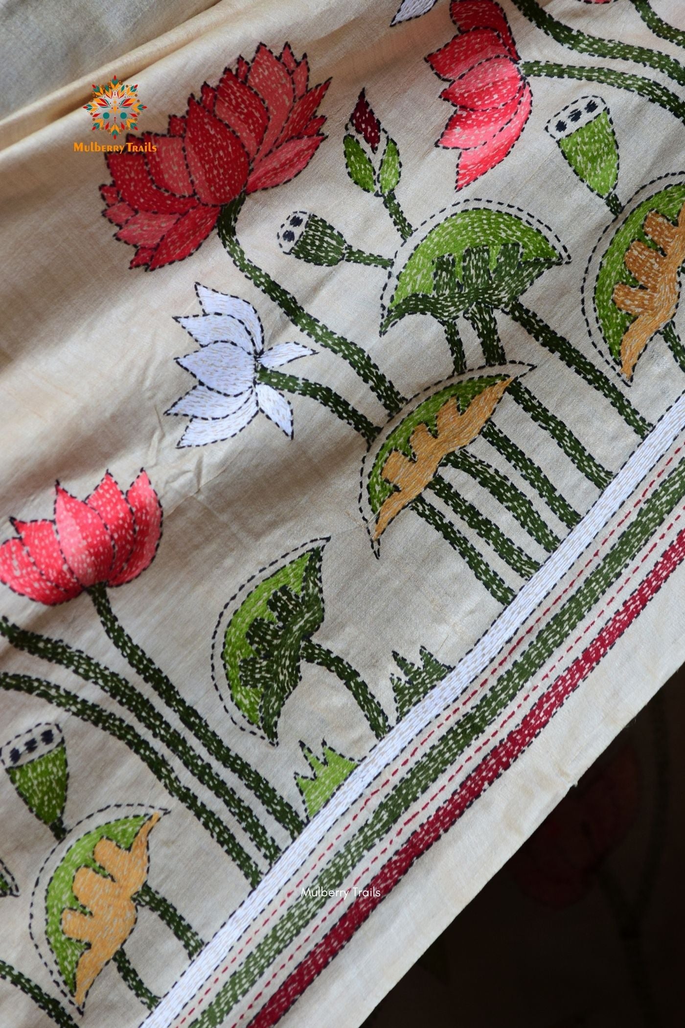 Rima - Ghhachi Tusser Silk Saree with allover Floral Kantha Embroidery