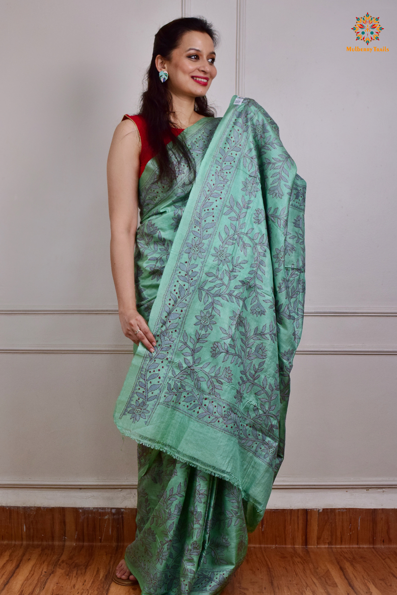 Rima - Pistachio Green Tusser Silk Saree with all over Kantha Embroidery