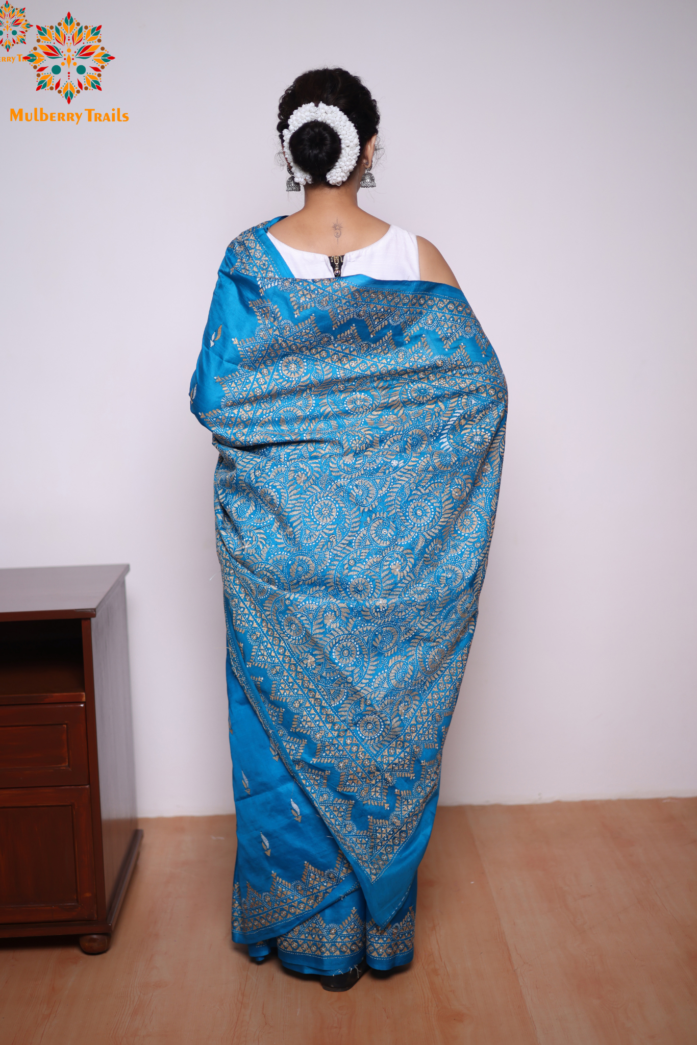 Rima - Chintamani Blue Silk Saree with kantha Embroidery