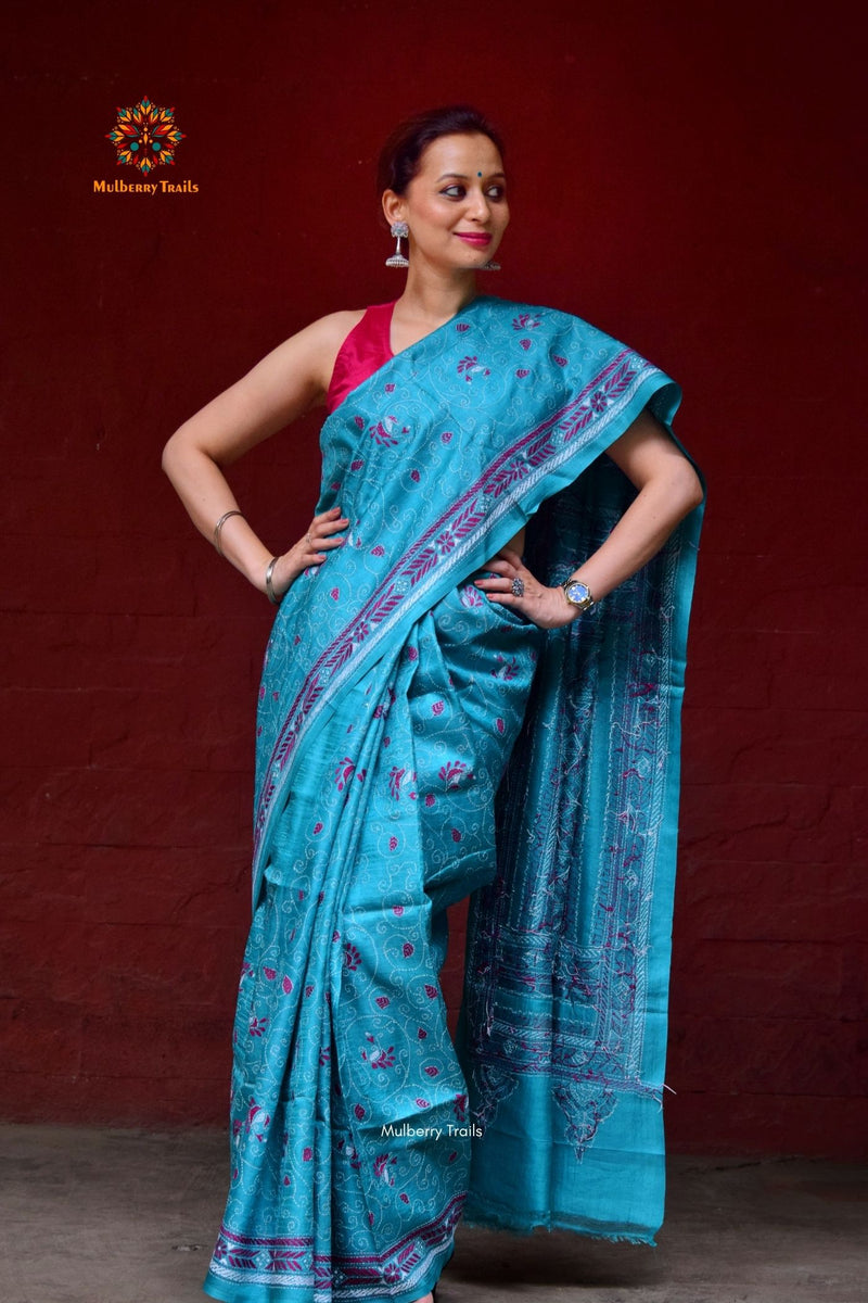 Rima - Ocean Blue Tusser Silk Saree with allover Vine design Kantha Embroidery