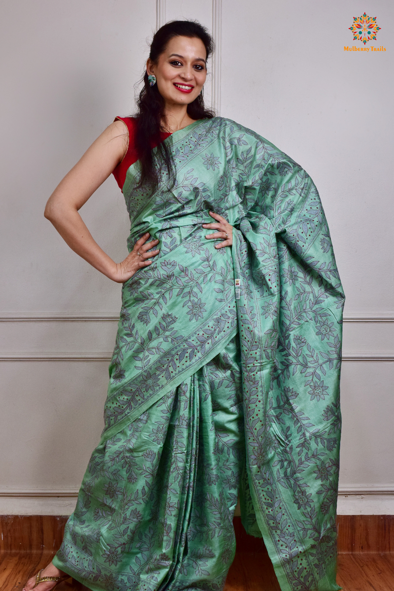 Rima - Pistachio Green Tusser Silk Saree with all over Kantha Embroidery