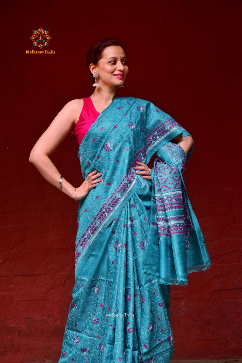 Rima - Ocean Blue Tusser Silk Saree with allover Vine design Kantha Embroidery