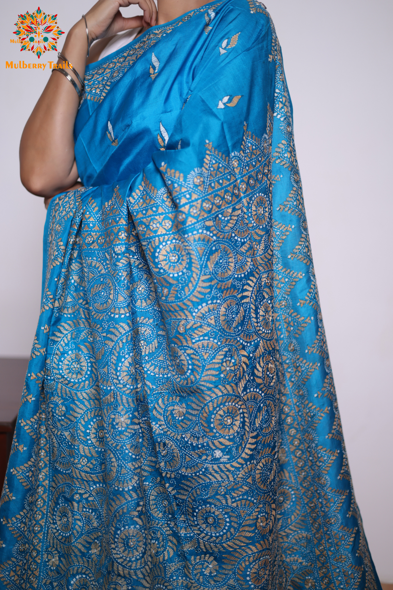 Rima - Chintamani Blue Silk Saree with kantha Embroidery