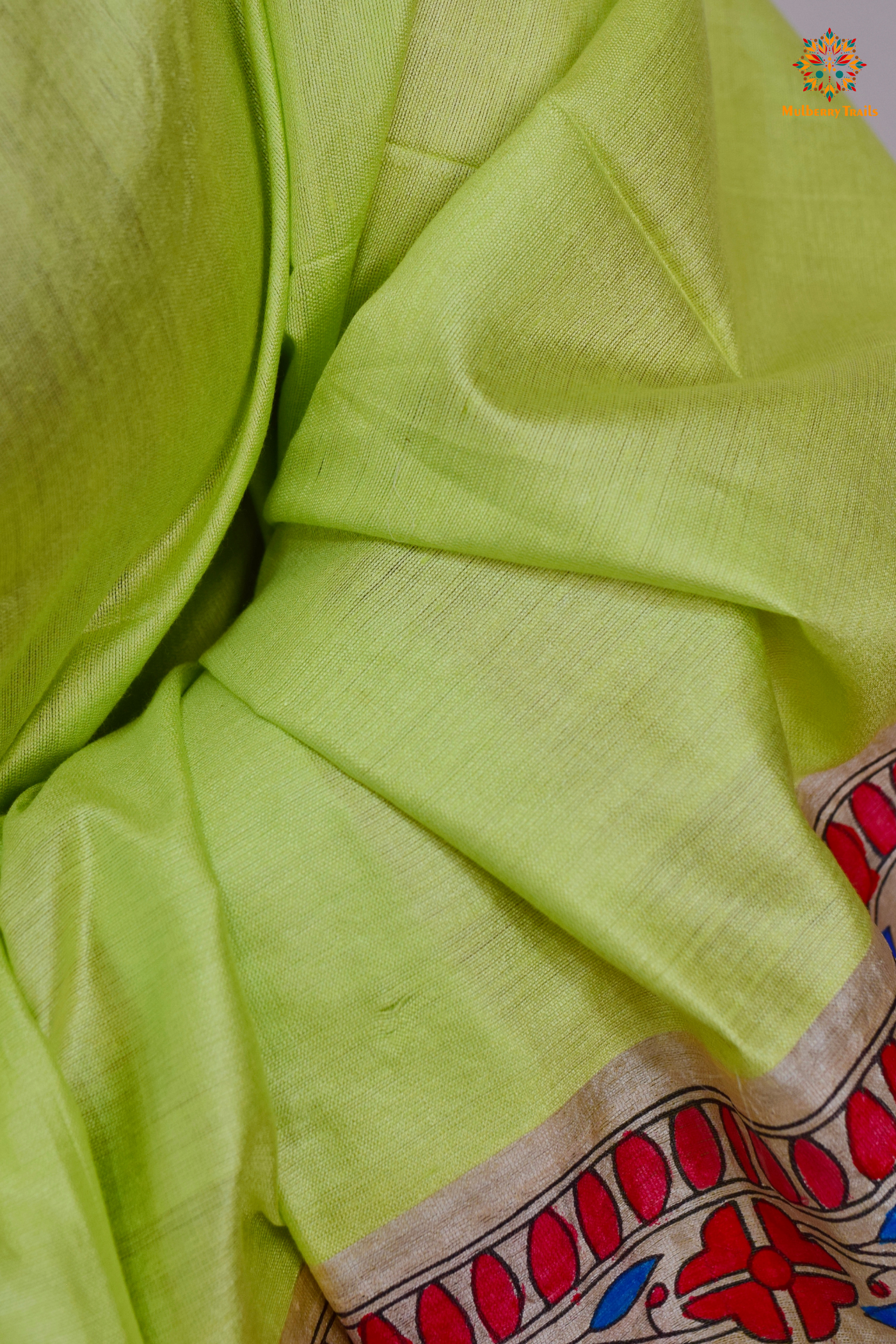 Pavani - Staple Tusser Handpainted Madhubani Saree- Lime Green