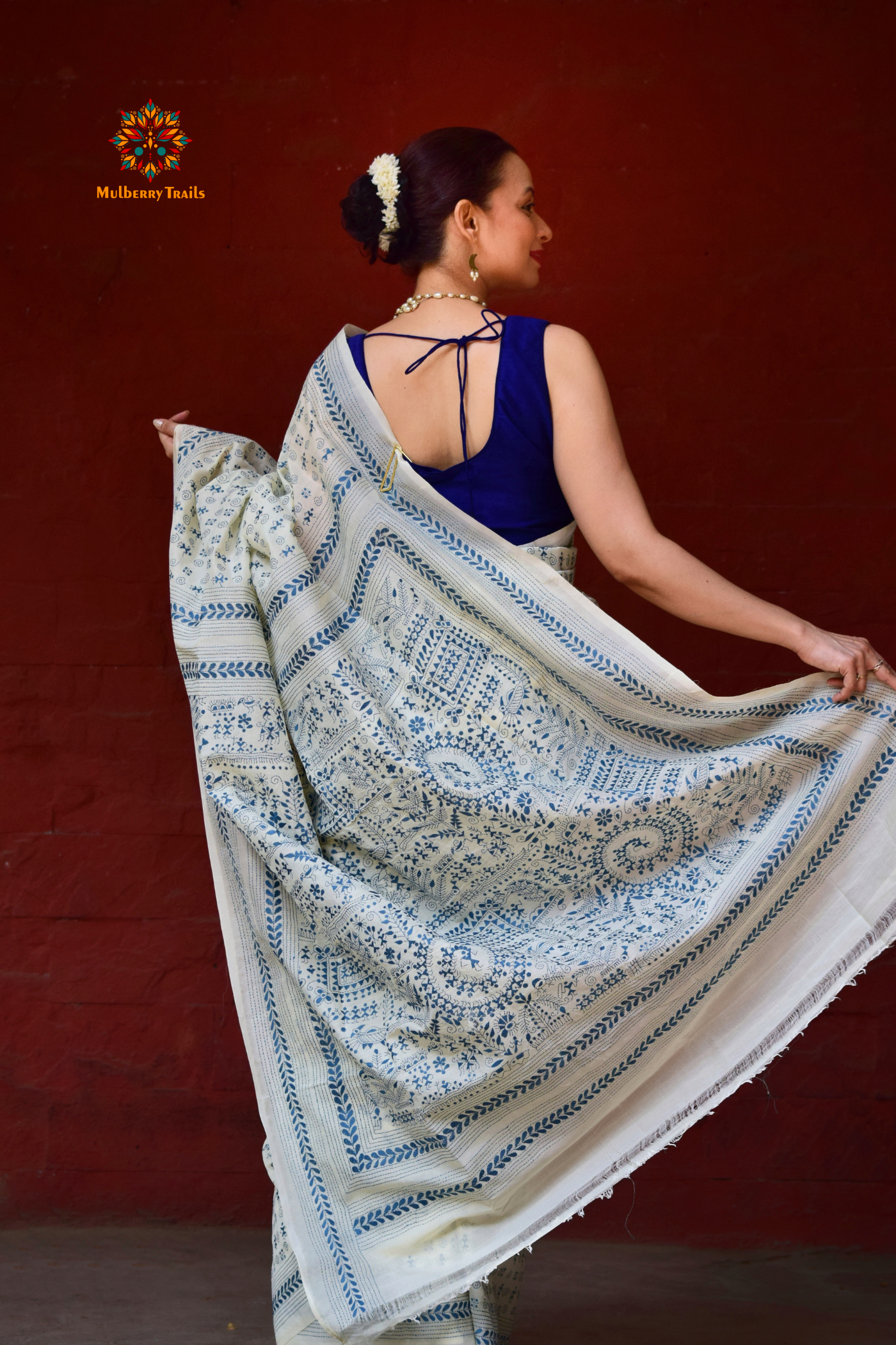 Rima - Tusser Silk Saree with Blue Warli Embroidery Saree