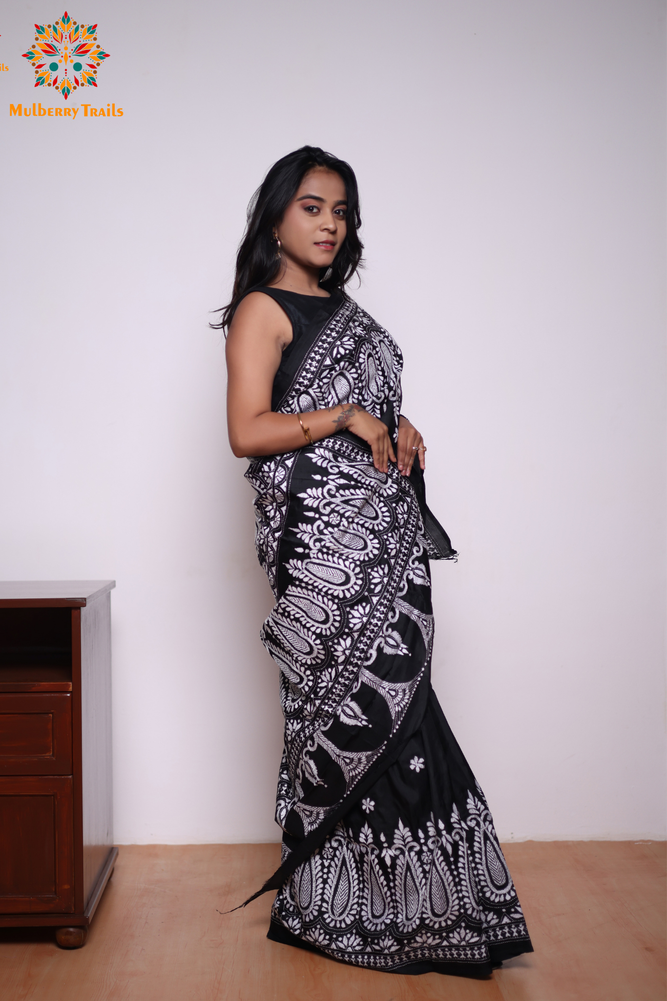 Rima - Black Silk Saree with kantha Embroidery