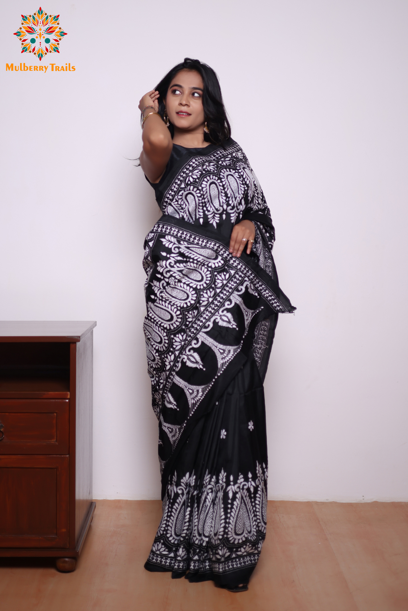 Rima - Black Silk Saree with kantha Embroidery