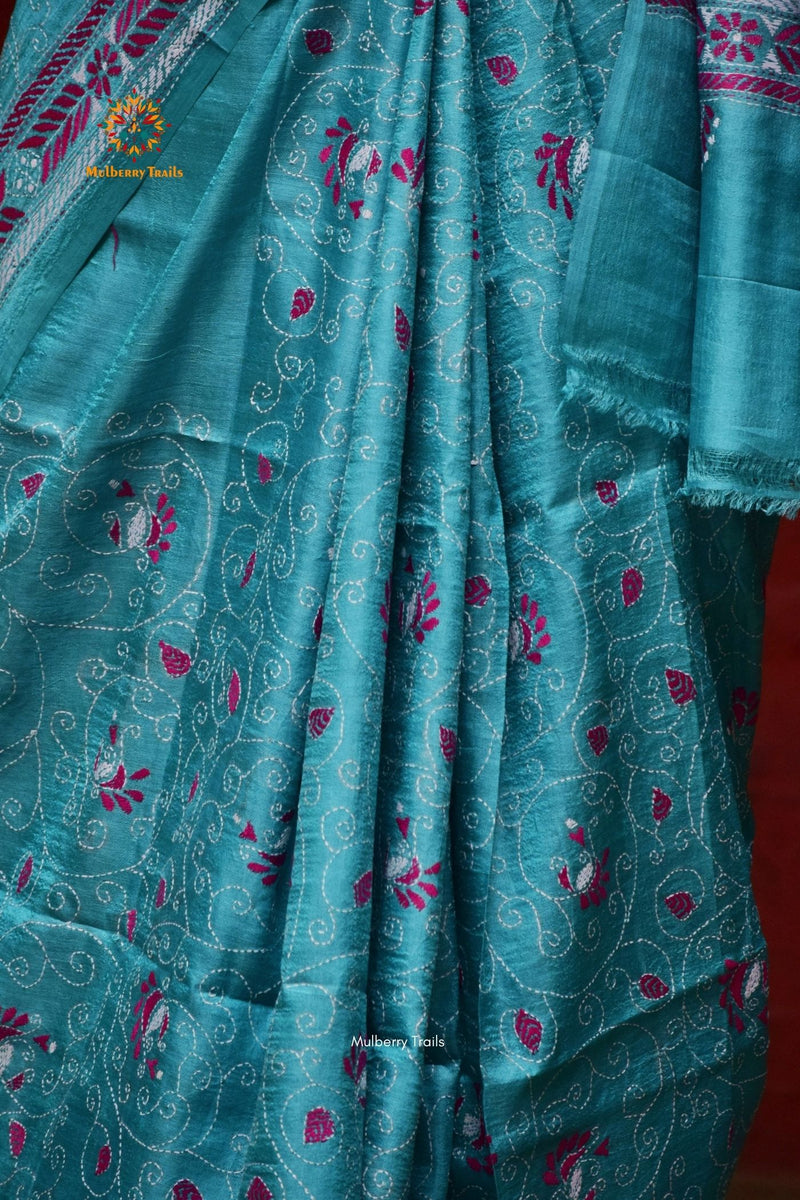 Rima - Ocean Blue Tusser Silk Saree with allover Vine design Kantha Embroidery