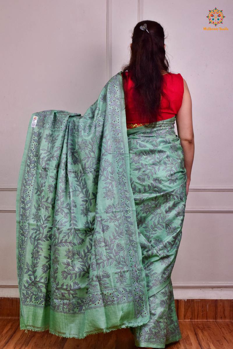 Rima - Pistachio Green Tusser Silk Saree with all over Kantha Embroidery