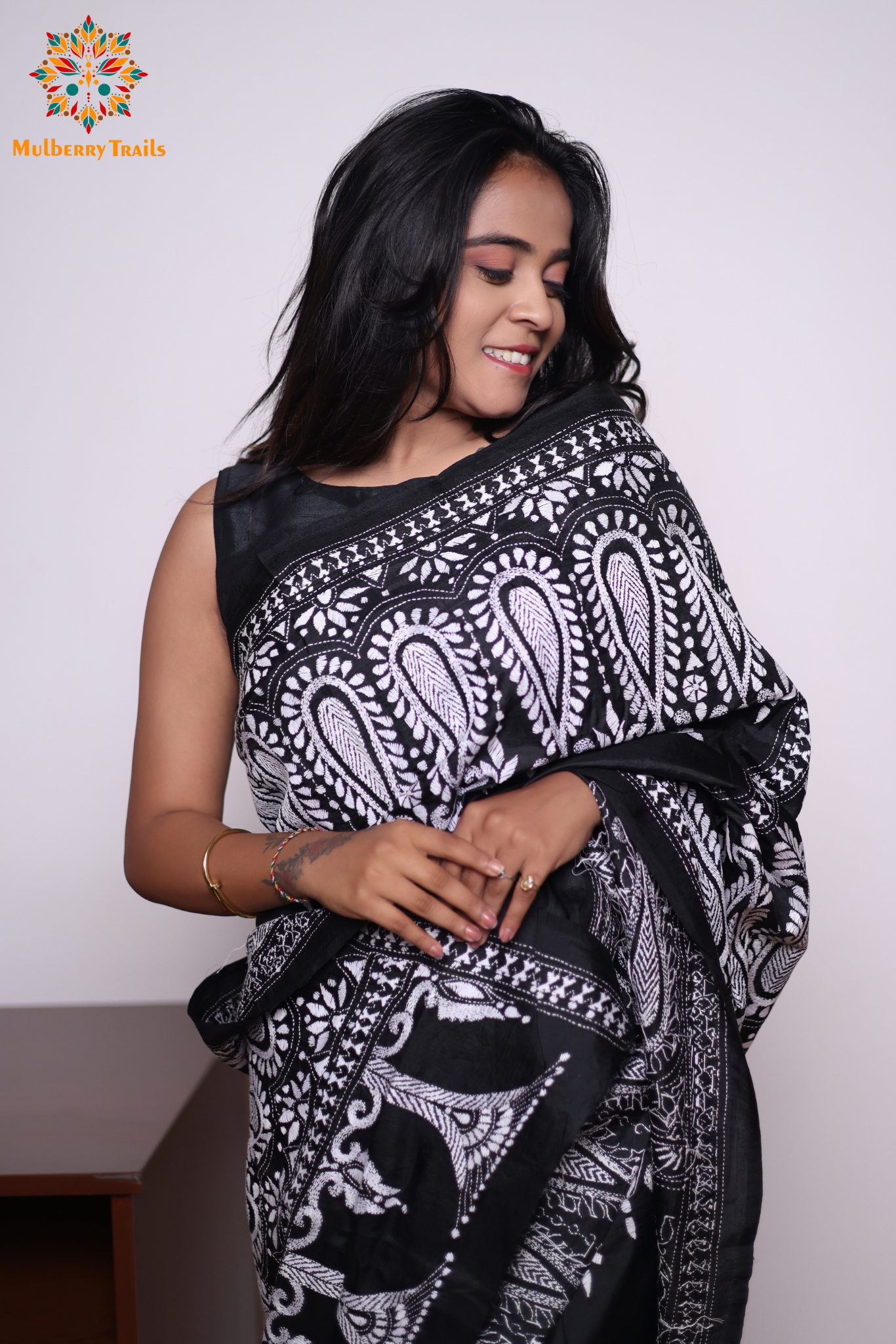 Rima - Black Silk Saree with kantha Embroidery