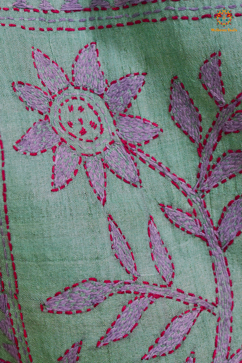 Rima - Pistachio Green Tusser Silk Saree with all over Kantha Embroidery