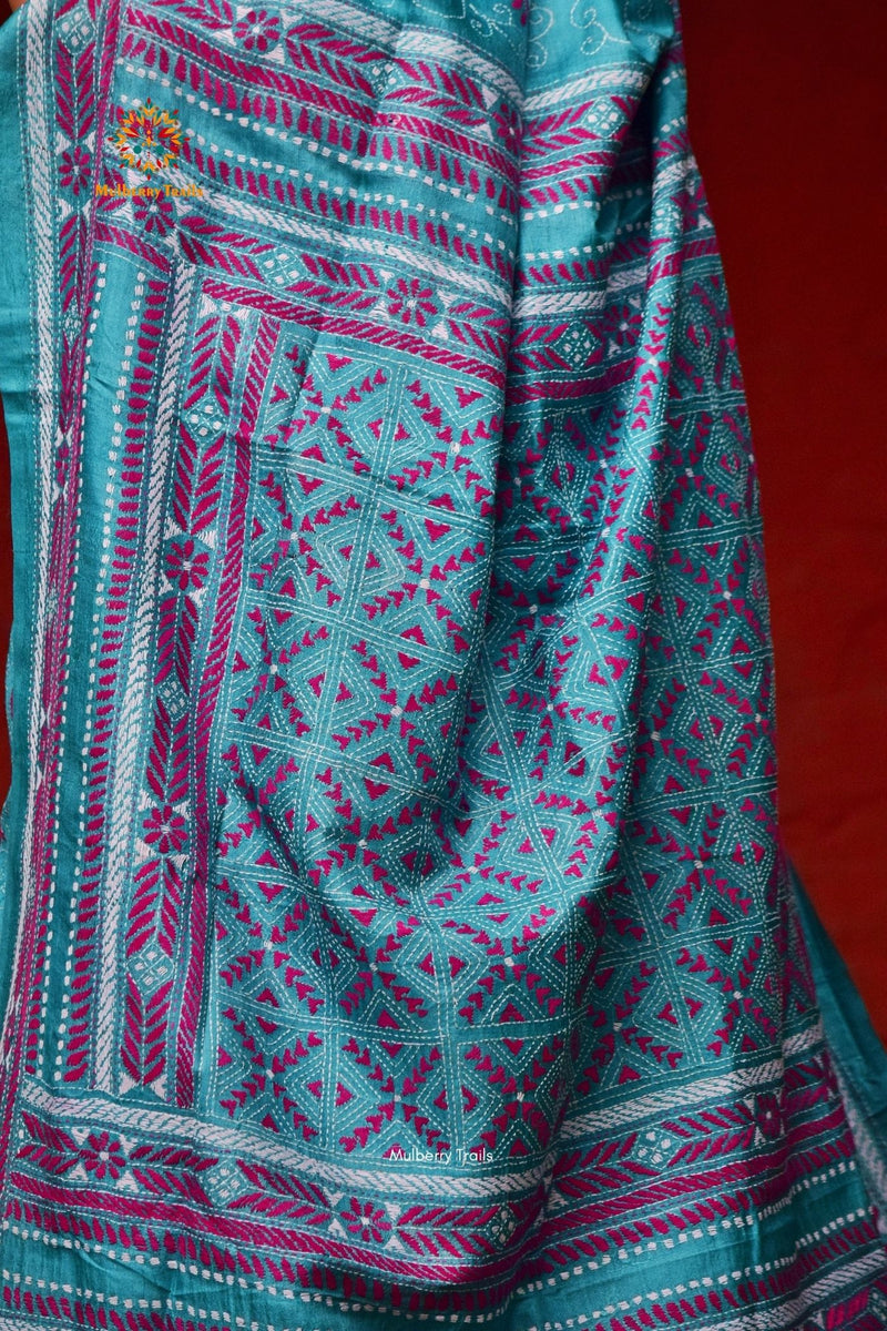 Rima - Ocean Blue Tusser Silk Saree with allover Vine design Kantha Embroidery