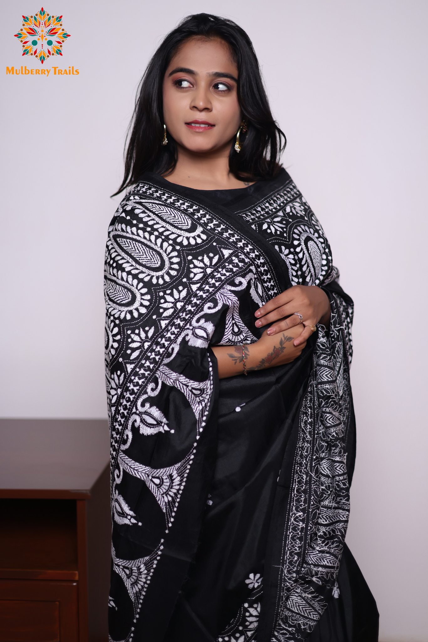 Rima - Black Silk Saree with kantha Embroidery