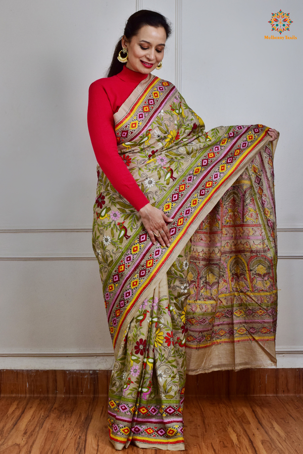 Rima - Tusser Silk Saree with all over Kantha Embroidery