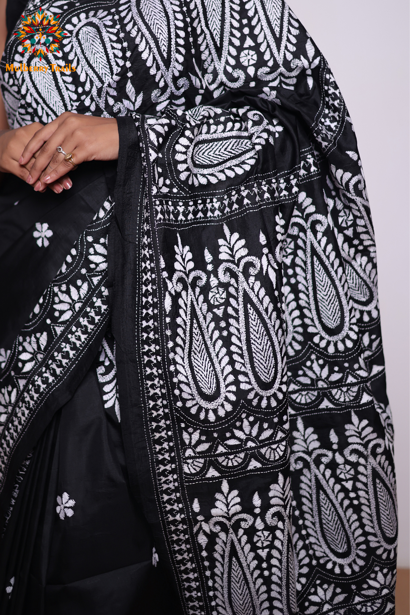 Rima - Black Silk Saree with kantha Embroidery