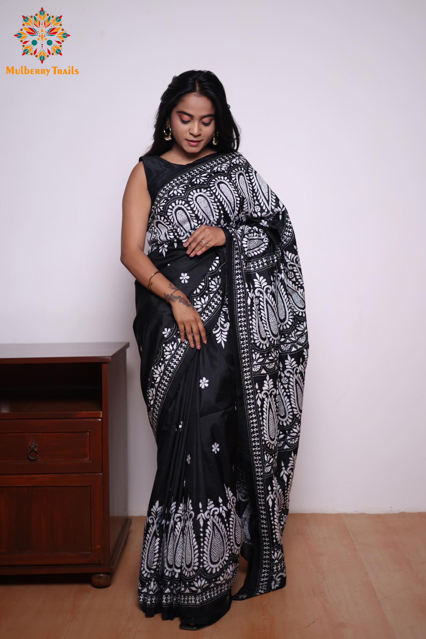 Rima - Black Silk Saree with kantha Embroidery